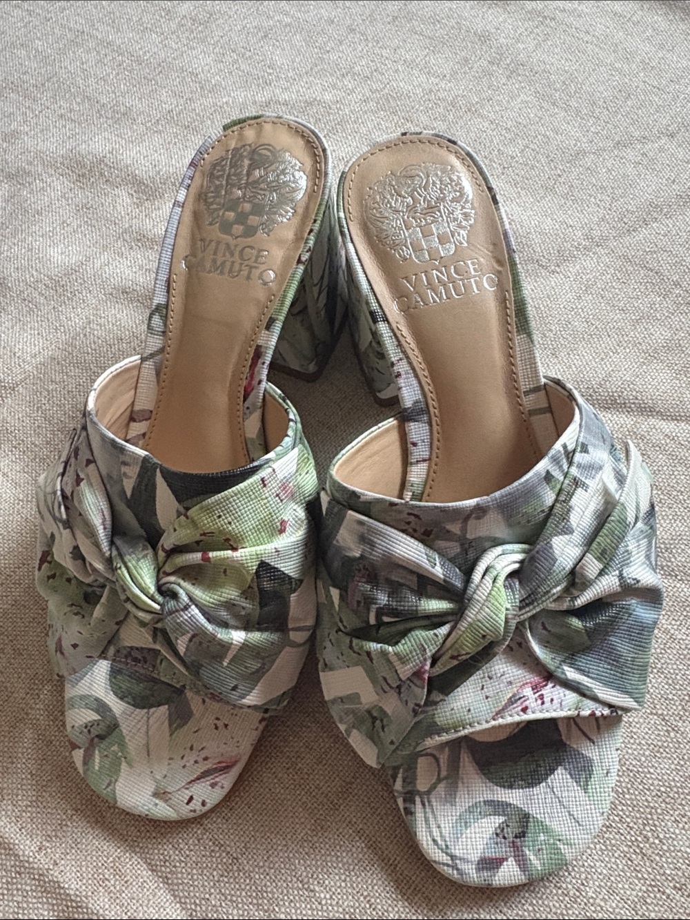 Vince Camuto Floral Knot Block Heel Mules in Green and Cream